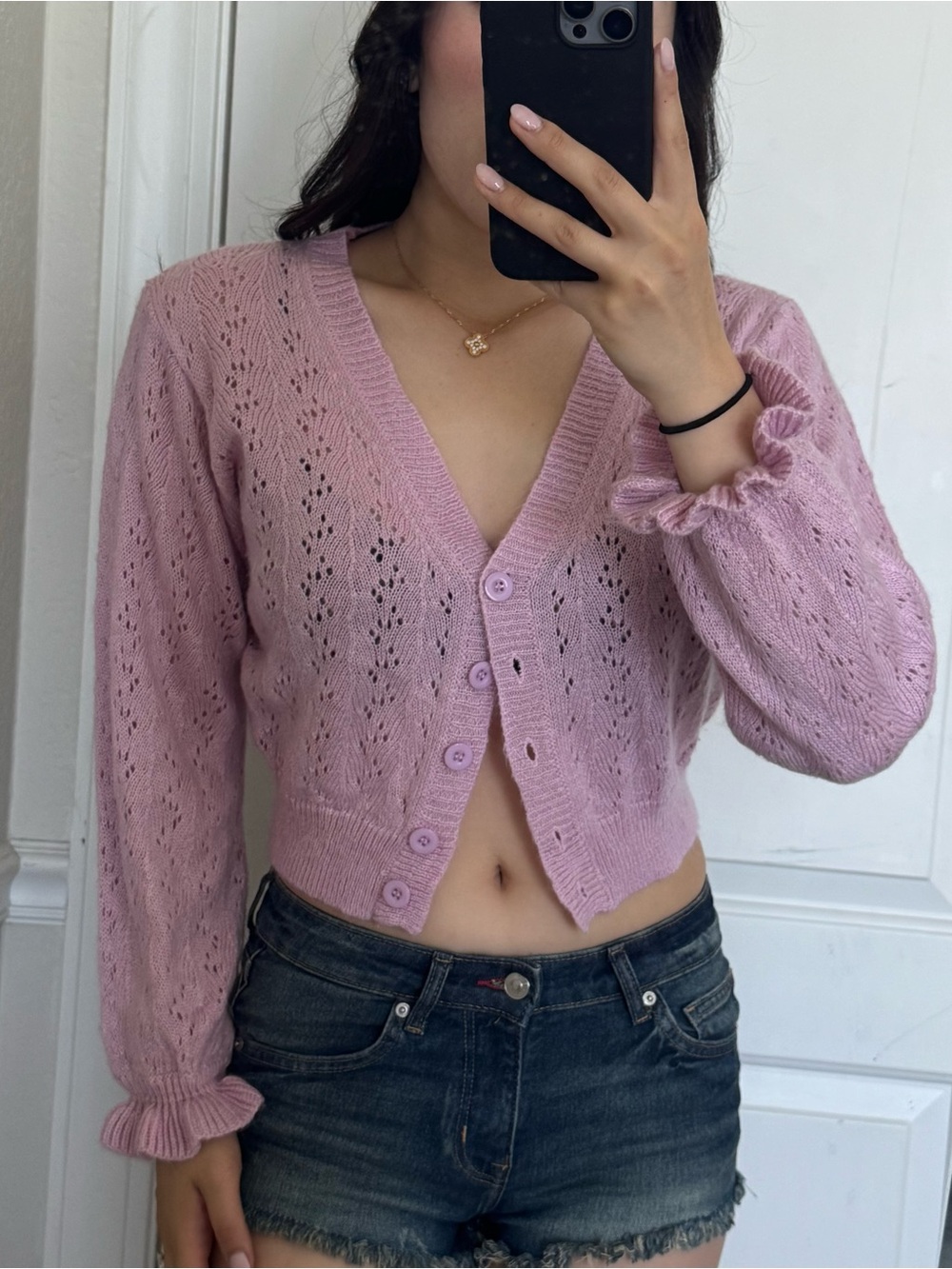 Pink Eyelet V-Neck Button Crop Sweater